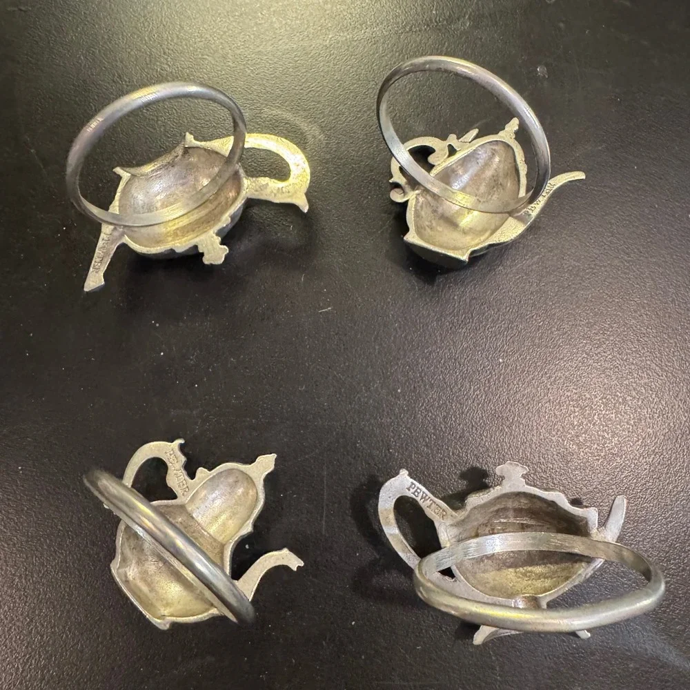 Pewter Teapot Napkin Rings Set of 4 Silver Vintage Style Tea Party Decor